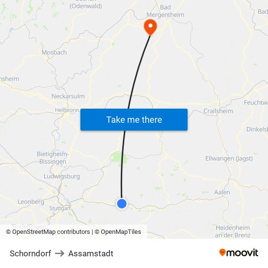 Schorndorf to Assamstadt map