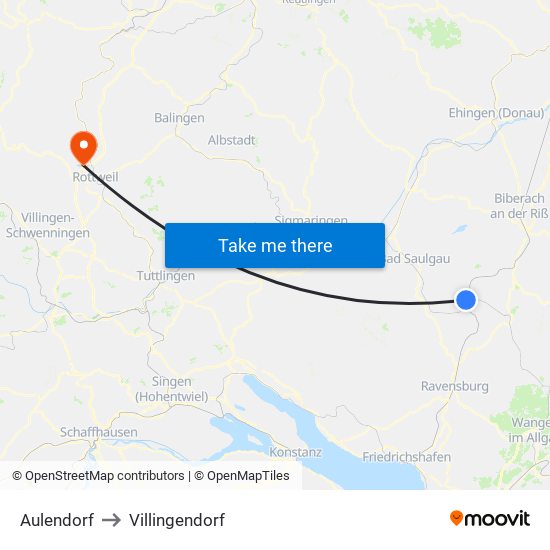 Aulendorf to Villingendorf map