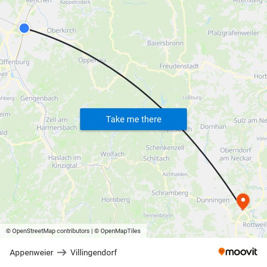 Appenweier to Villingendorf map