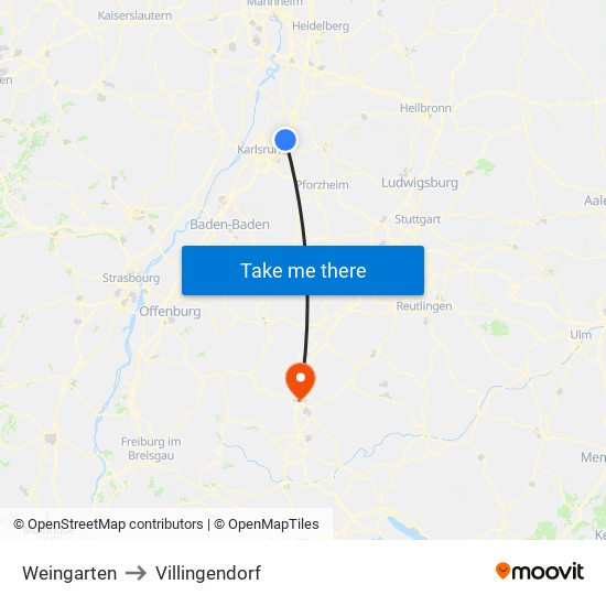 Weingarten to Villingendorf map