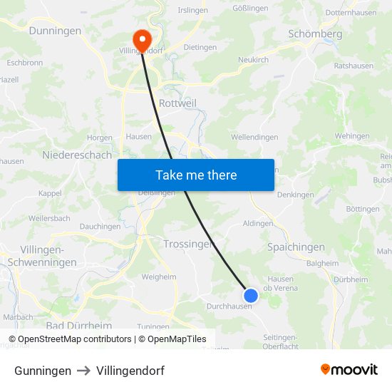 Gunningen to Villingendorf map