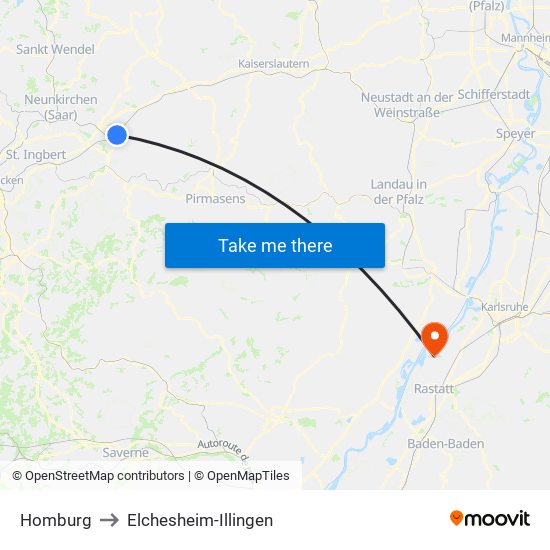 Homburg to Elchesheim-Illingen map