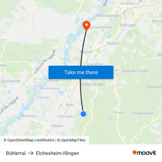 Bühlertal to Elchesheim-Illingen map