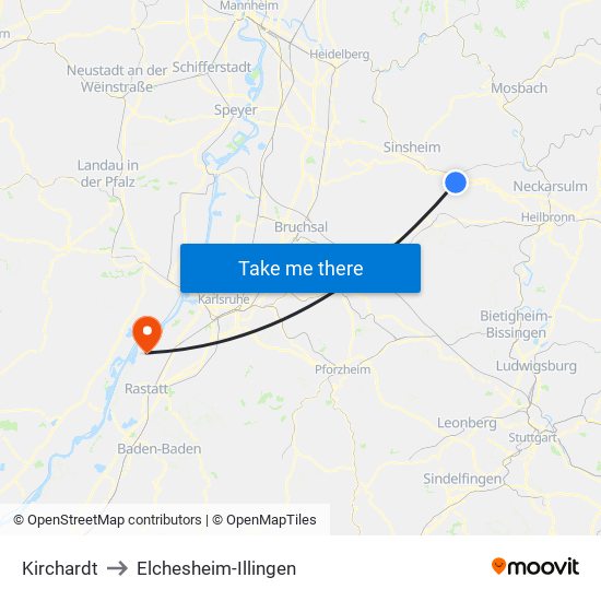 Kirchardt to Elchesheim-Illingen map