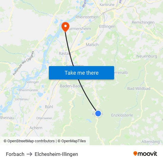 Forbach to Elchesheim-Illingen map