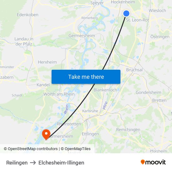 Reilingen to Elchesheim-Illingen map