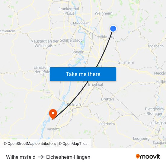 Wilhelmsfeld to Elchesheim-Illingen map