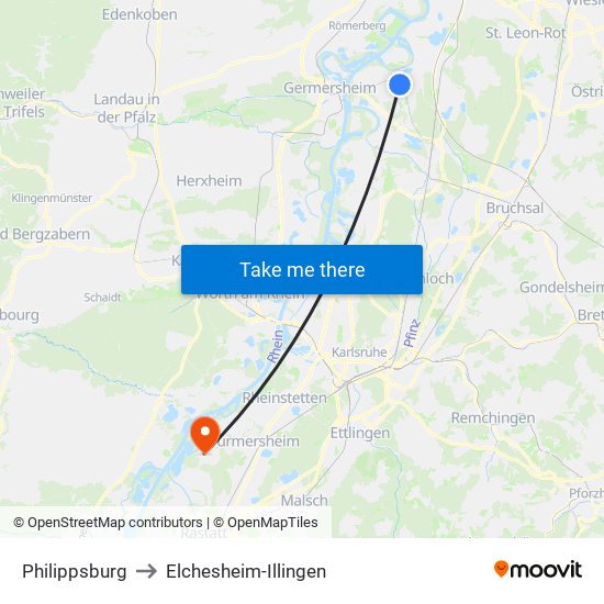 Philippsburg to Elchesheim-Illingen map