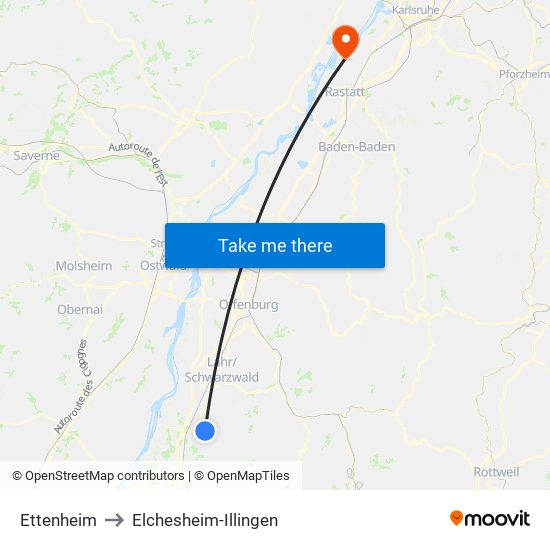 Ettenheim to Elchesheim-Illingen map