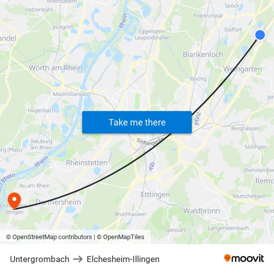 Untergrombach to Elchesheim-Illingen map