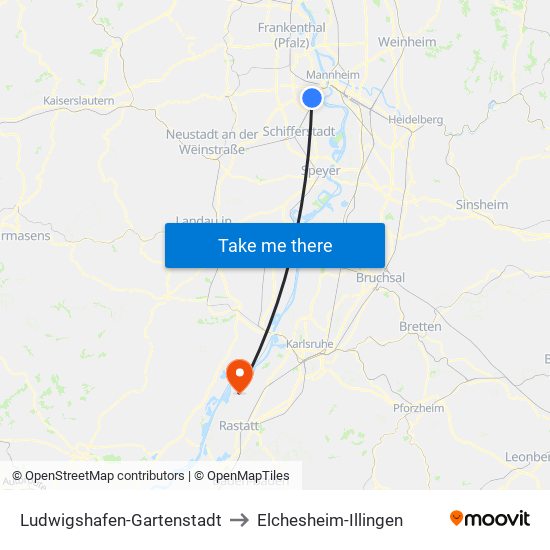 Ludwigshafen-Gartenstadt to Elchesheim-Illingen map