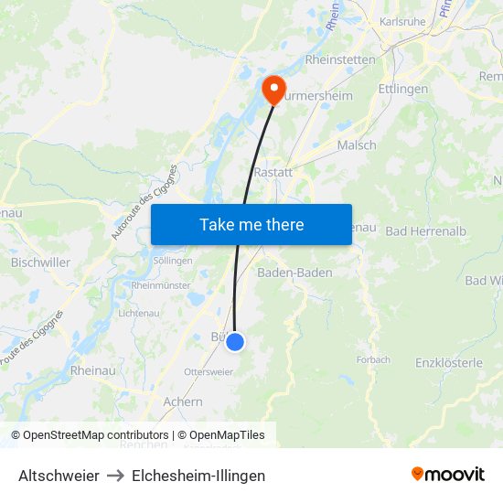 Altschweier to Elchesheim-Illingen map