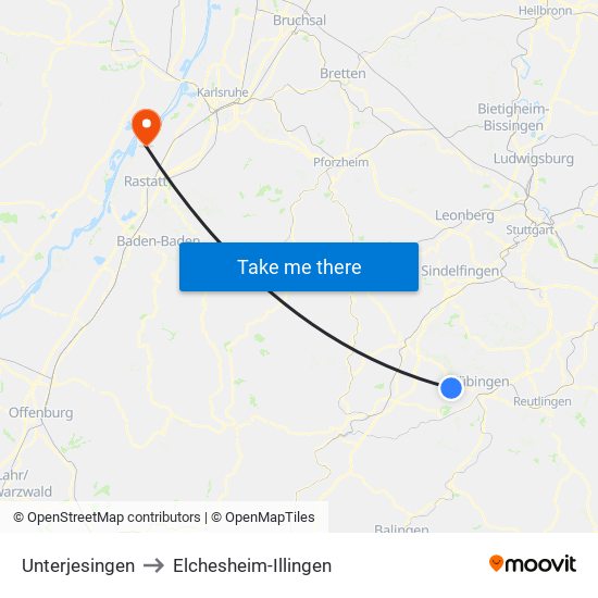 Unterjesingen to Elchesheim-Illingen map