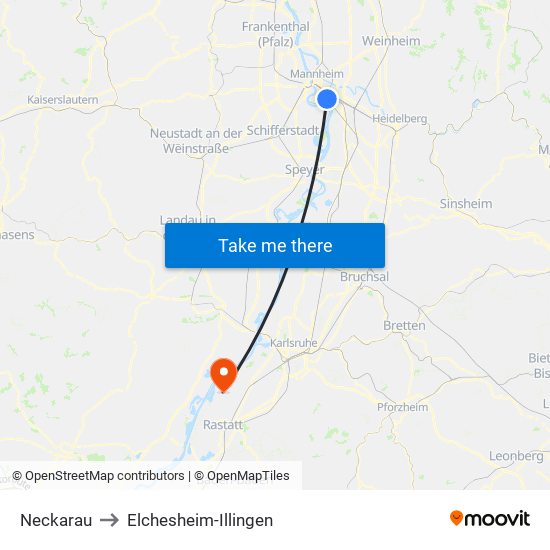 Neckarau to Elchesheim-Illingen map