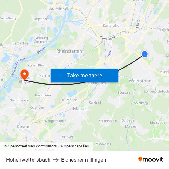 Hohenwettersbach to Elchesheim-Illingen map