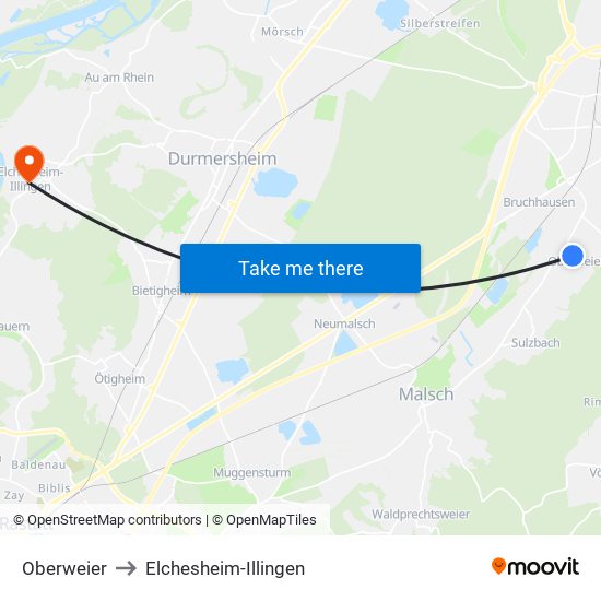 Oberweier to Elchesheim-Illingen map