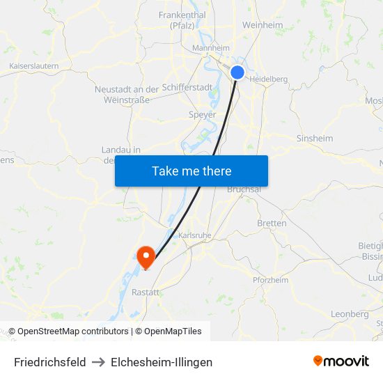 Friedrichsfeld to Elchesheim-Illingen map