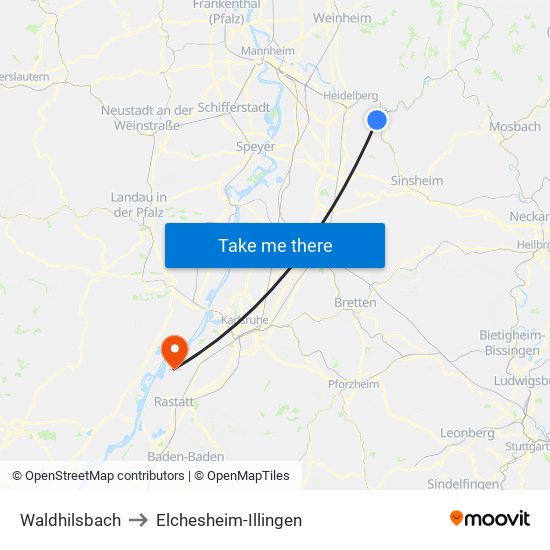 Waldhilsbach to Elchesheim-Illingen map