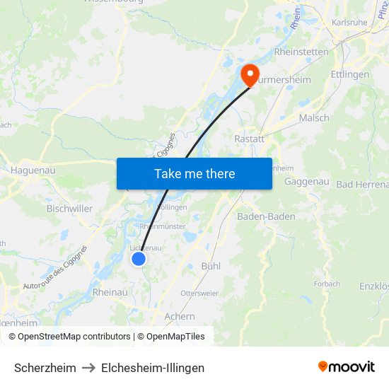 Scherzheim to Elchesheim-Illingen map