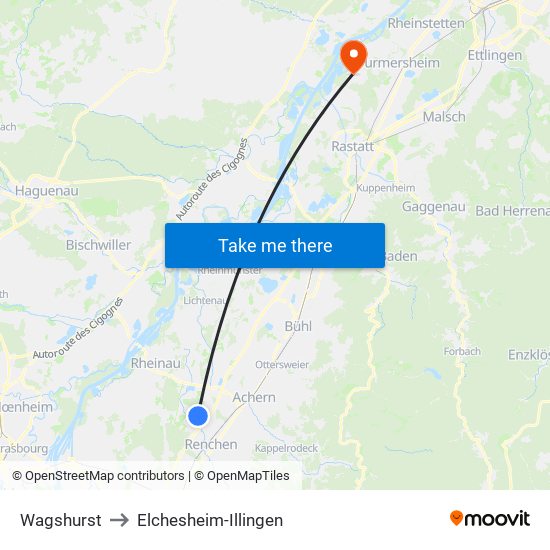 Wagshurst to Elchesheim-Illingen map