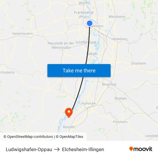 Ludwigshafen-Oppau to Elchesheim-Illingen map