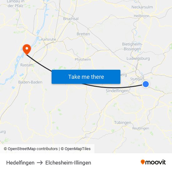 Hedelfingen to Elchesheim-Illingen map