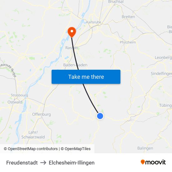 Freudenstadt to Elchesheim-Illingen map