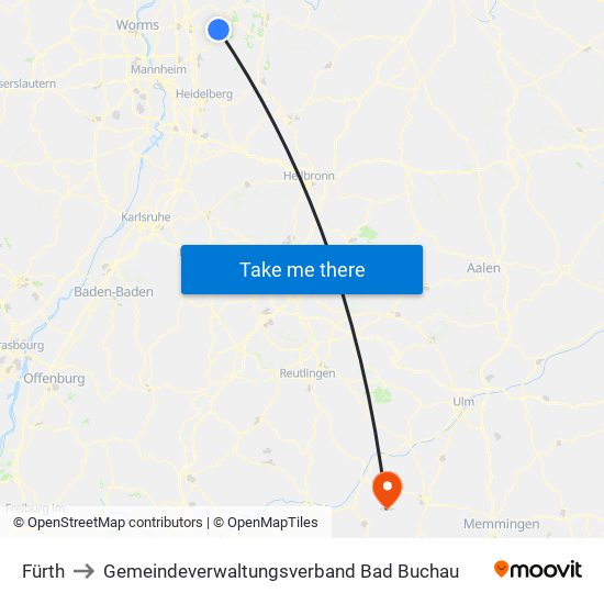 Fürth to Gemeindeverwaltungsverband Bad Buchau map