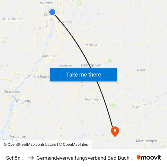 Schönau to Gemeindeverwaltungsverband Bad Buchau map