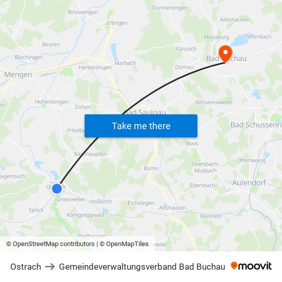 Ostrach to Gemeindeverwaltungsverband Bad Buchau map