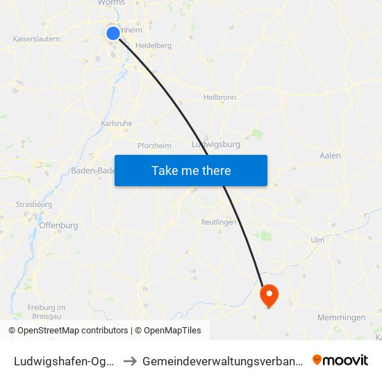 Ludwigshafen-Oggersheim to Gemeindeverwaltungsverband Bad Buchau map