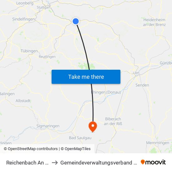 Reichenbach An Der Fils to Gemeindeverwaltungsverband Bad Buchau map