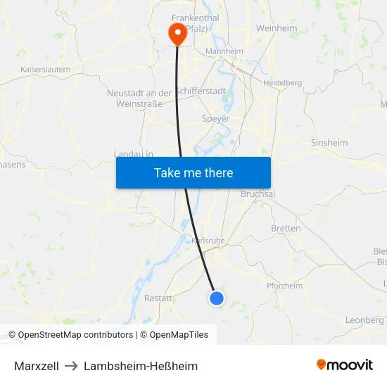 Marxzell to Lambsheim-Heßheim map