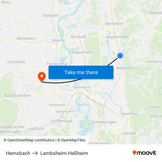 Hemsbach to Lambsheim-Heßheim map