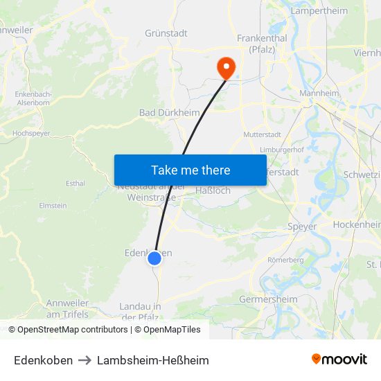 Edenkoben to Lambsheim-Heßheim map