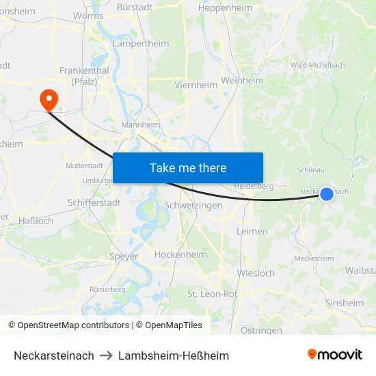 Neckarsteinach to Lambsheim-Heßheim map