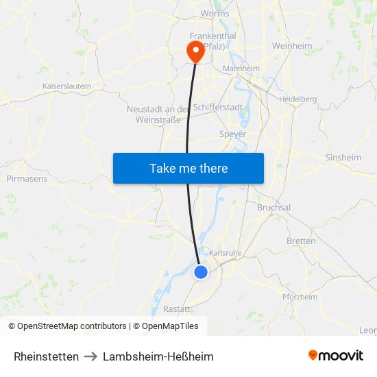 Rheinstetten to Lambsheim-Heßheim map