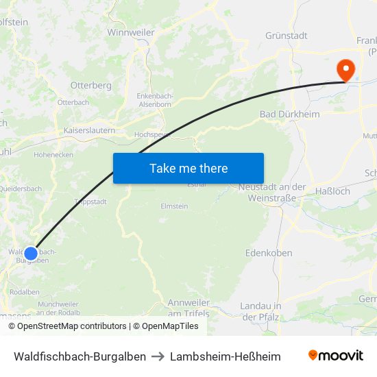 Waldfischbach-Burgalben to Lambsheim-Heßheim map