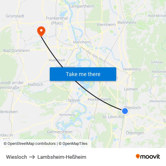 Wiesloch to Lambsheim-Heßheim map