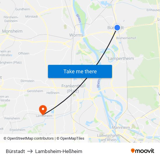 Bürstadt to Lambsheim-Heßheim map