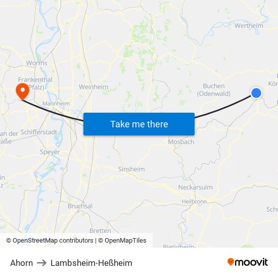 Ahorn to Lambsheim-Heßheim map