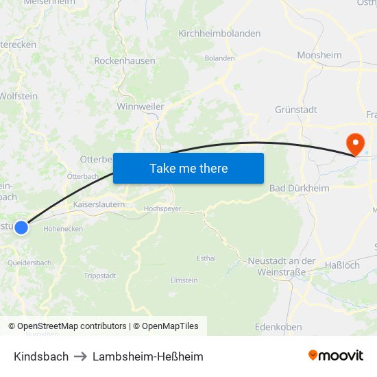 Kindsbach to Lambsheim-Heßheim map