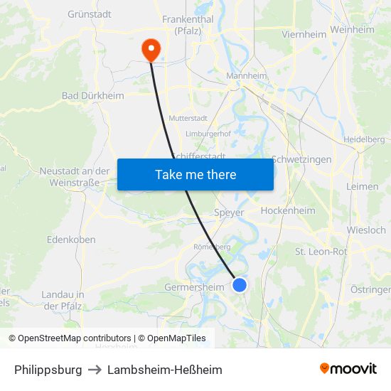 Philippsburg to Lambsheim-Heßheim map