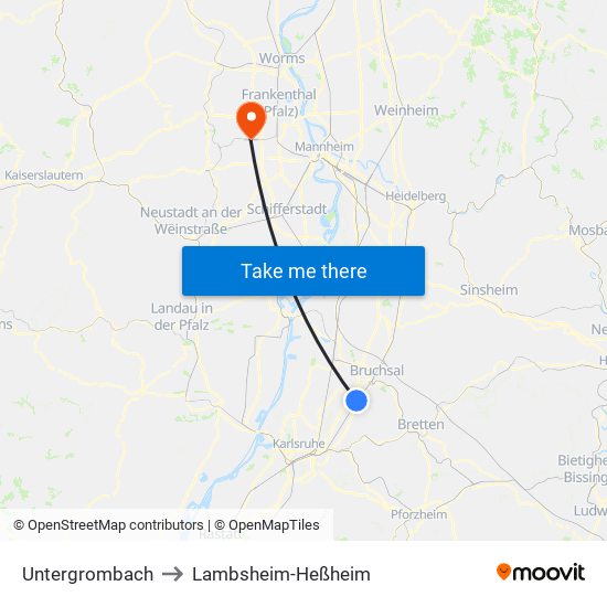 Untergrombach to Lambsheim-Heßheim map