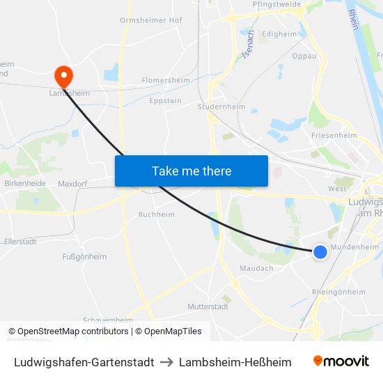 Ludwigshafen-Gartenstadt to Lambsheim-Heßheim map