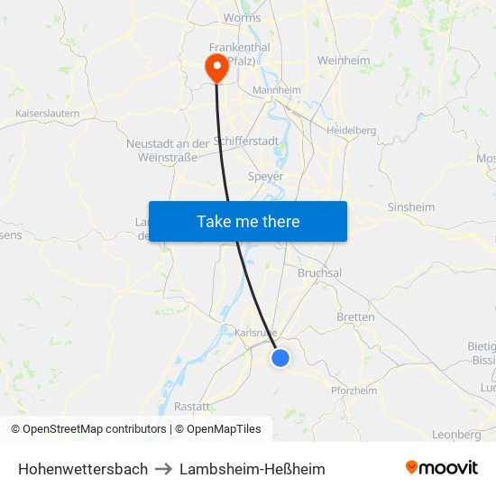 Hohenwettersbach to Lambsheim-Heßheim map