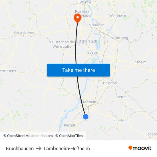 Bruchhausen to Lambsheim-Heßheim map