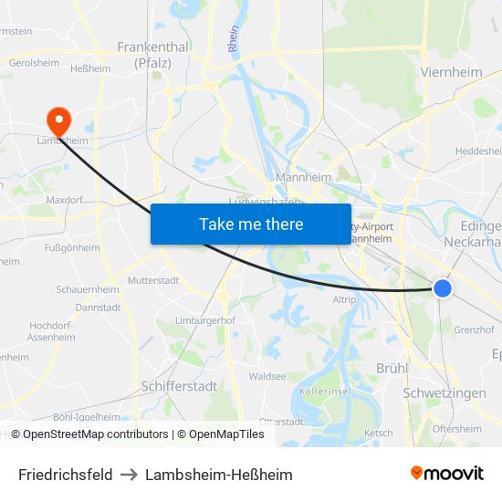 Friedrichsfeld to Lambsheim-Heßheim map