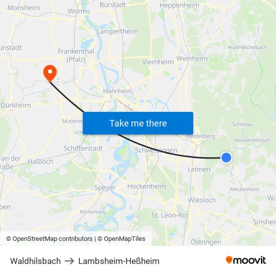 Waldhilsbach to Lambsheim-Heßheim map