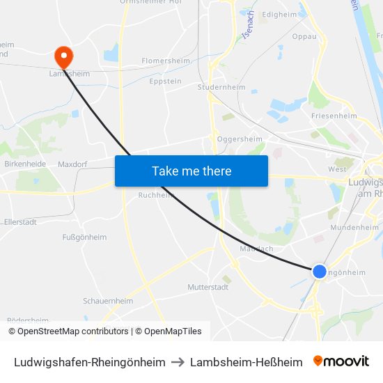 Ludwigshafen-Rheingönheim to Lambsheim-Heßheim map